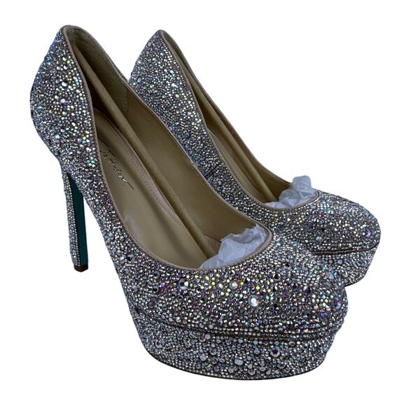 Betsey Johnson Bliss Stiletto Heels Women's Size 8 M Rhinestone Slip In Almond - Picture 1 of 11